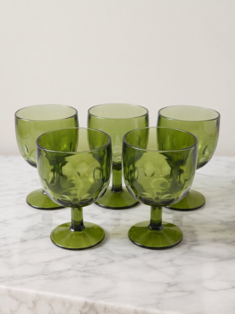 VTG Bartlett Collin 1970 Avocado Green Thumbprint Goblets –Coin Dot Glasse 6.25"